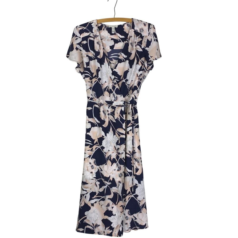 Leith Navy Pink Floral Midi Wrap Dress Size S